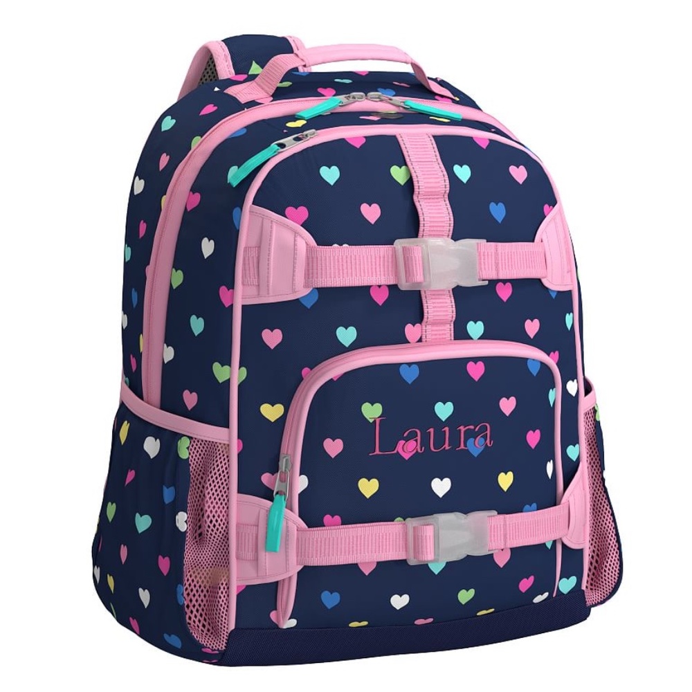 Pottery Barn Large Mackenzie Navy Pink Multi Hearts Backpack
